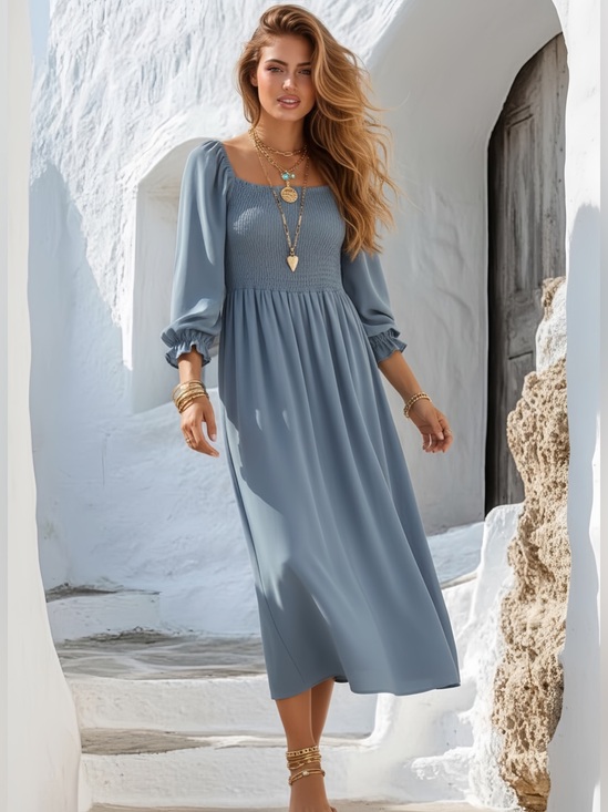 Camden Layne Dresses & Skirts - Camden Layne Smocked Square-Neck Midi Dress in Dusty Blue
